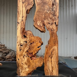 May include: Two vertical, unfinished wooden slabs with irregular edges and a natural, organic appearance. The wood has a warm, brown color with intricate grain patterns and knots, creating a rustic and unique aesthetic. The slabs are likely for a table or other furniture.