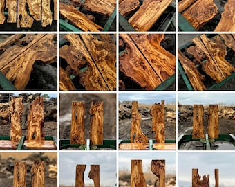 May include: A collection of raw, unfinished olive wood pieces. The wood displays a rich, natural grain pattern with varying shades of brown and tan. The pieces are arranged in multiple groupings, showcasing the wood's unique textures and shapes, suitable for woodworking projects.
