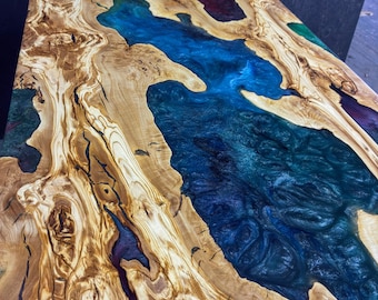 Ready Epoxy Resin AncientOlive Wood Table – Live Edge River Style, Walnut Wood Unique Turkish, Dining, Kitchen, or Coffee Use – 48”x24”