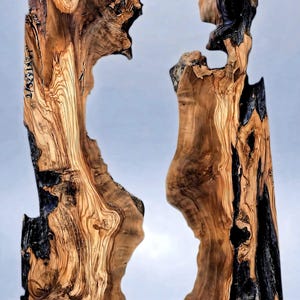 May include: Two abstract wooden sculptures with a natural wood grain pattern. The sculptures have a light brown color with dark black accents. The wood has a unique shape with cut-out sections and a smooth finish. The sculptures are displayed against a light blue background.