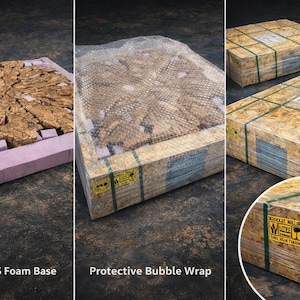 May include: A wooden slab with a cracked texture resting on a 4cm XPS foam base, shown in three stages of packaging: exposed on foam, covered in protective bubble wrap, and fully enclosed in a strapped wooden crate with yellow warning labels.