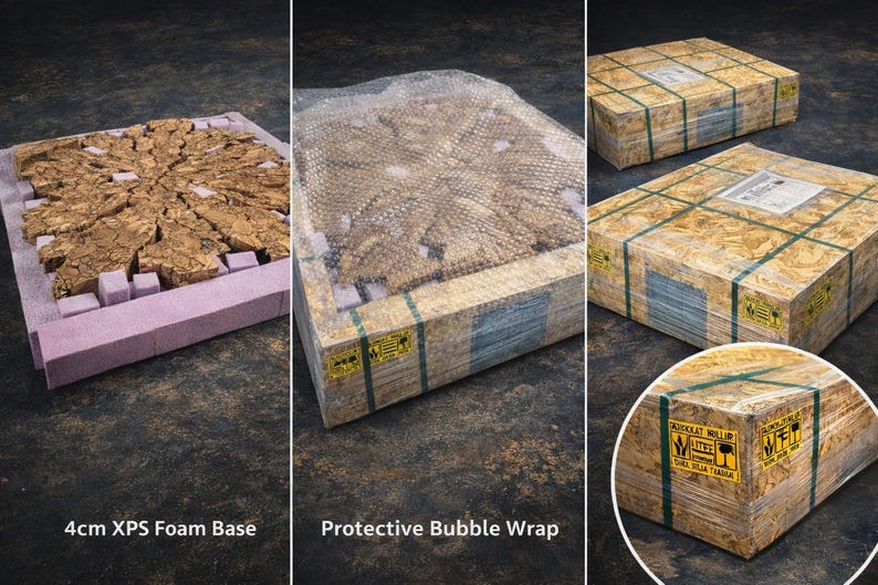 May include: A wooden slab with a cracked texture resting on a 4cm XPS foam base, shown in three stages of packaging: exposed on foam, covered in protective bubble wrap, and fully enclosed in a strapped wooden crate with yellow warning labels.
