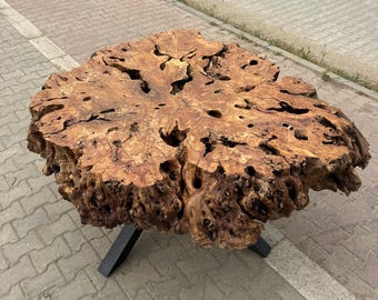 Natural-edged table made from Turkish olive wood, custom-sized solid wood table. / 65"x57"x7" Code : K.M 1