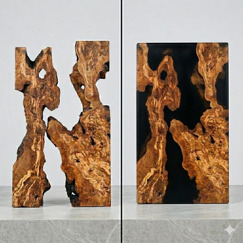May include: Two wooden sculptures with a natural, organic design. One is a free-form shape, and the other is a rectangular block with a black resin filling. The wood has a warm brown color with lighter streaks and knots.