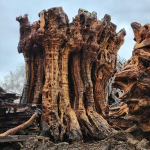 May include: A large, weathered tree stump with a complex, gnarled texture and deep vertical grooves. The wood displays a rich palette of brown, tan, and dark charcoal tones, showcasing natural knots, hollows, and intricate organic patterns throughout.