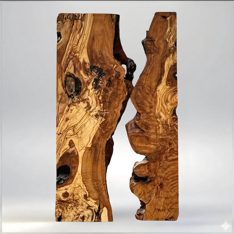 May include: A unique, handcrafted wooden table with a natural, organic design. The table is made from two vertical slabs of wood, showcasing the wood's grain and knots. The color is a warm brown with lighter and darker tones. The table has a modern, rustic aesthetic.