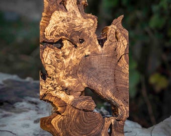 May include: A rectangular, raw-edged wooden slab with a natural, organic shape. The wood features a rich, dark brown color with lighter, swirling grain patterns and visible knots. The piece has a rough, textured surface and a unique, irregular form.