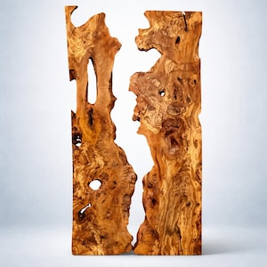 May include: A vertical wooden slab with a natural, organic shape. The wood has a warm, brown color with intricate grain patterns and knots. A white, irregular void runs through the center, creating a striking contrast. The wood appears to be a decorative piece.