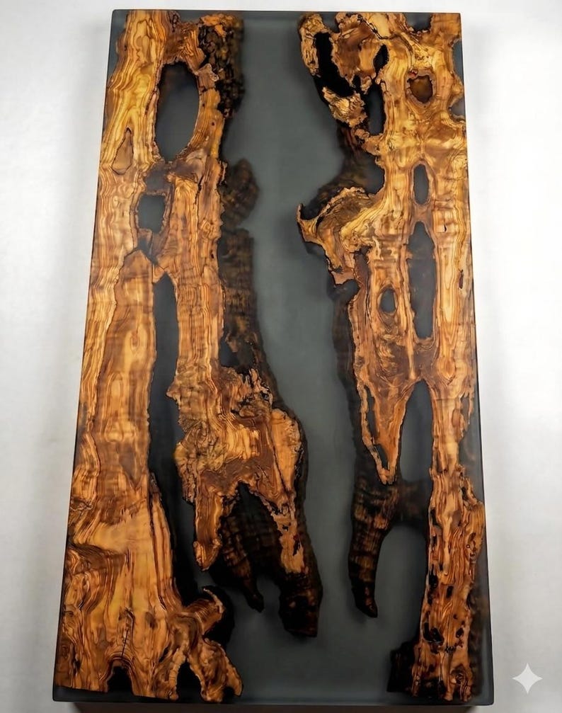 May include: A rectangular wooden table with a dark gray resin center. The wood has a natural, textured appearance with shades of brown and black. The table's design highlights the contrast between the wood and resin.