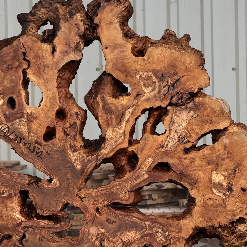May include: A large, irregular slab of natural wood featuring a complex grain pattern, deep brown and golden hues, and multiple organic voids throughout the surface. The wood slab has the handwritten dimensions 33 x 28 inches marked on the front.
