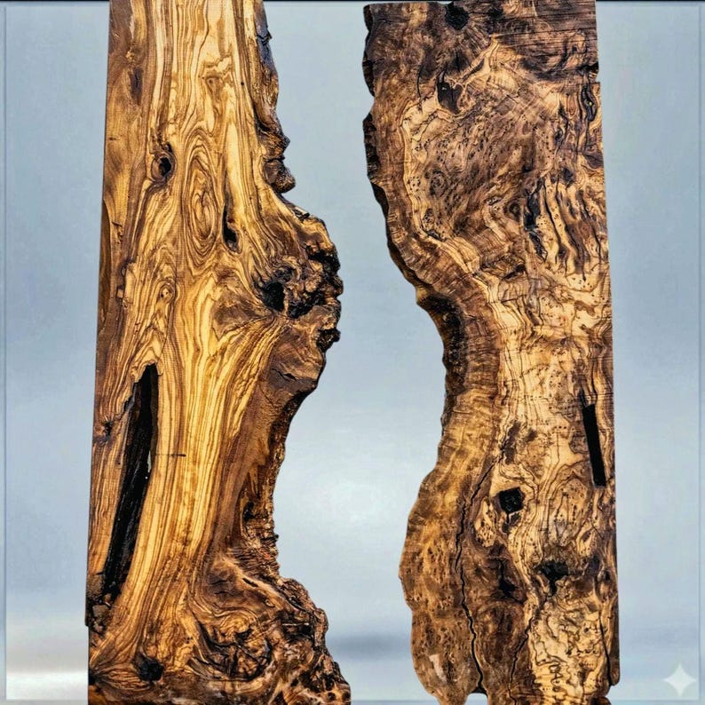 May include: A close-up of a decorative wooden piece. Two vertical, irregularly shaped wooden planks with a natural, textured grain pattern are set against a light gray background. The wood features shades of brown and tan, with dark knots and unique patterns.