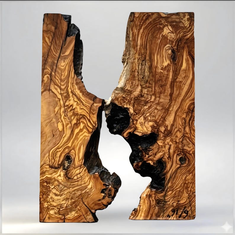 May include: A handcrafted wooden sculpture with a unique, organic design. The sculpture is made from a light brown wood with dark brown and black accents. The wood grain is visible, adding to the natural aesthetic. The sculpture has a distinctive shape with a central void.