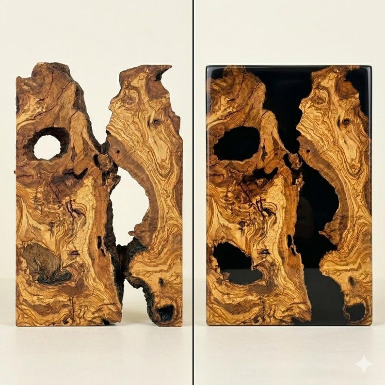 May include: Two wooden art pieces. The first is a natural wood slab with a large hole. The second is a wood slab with black resin filling the voids. Both pieces have a natural wood grain pattern.