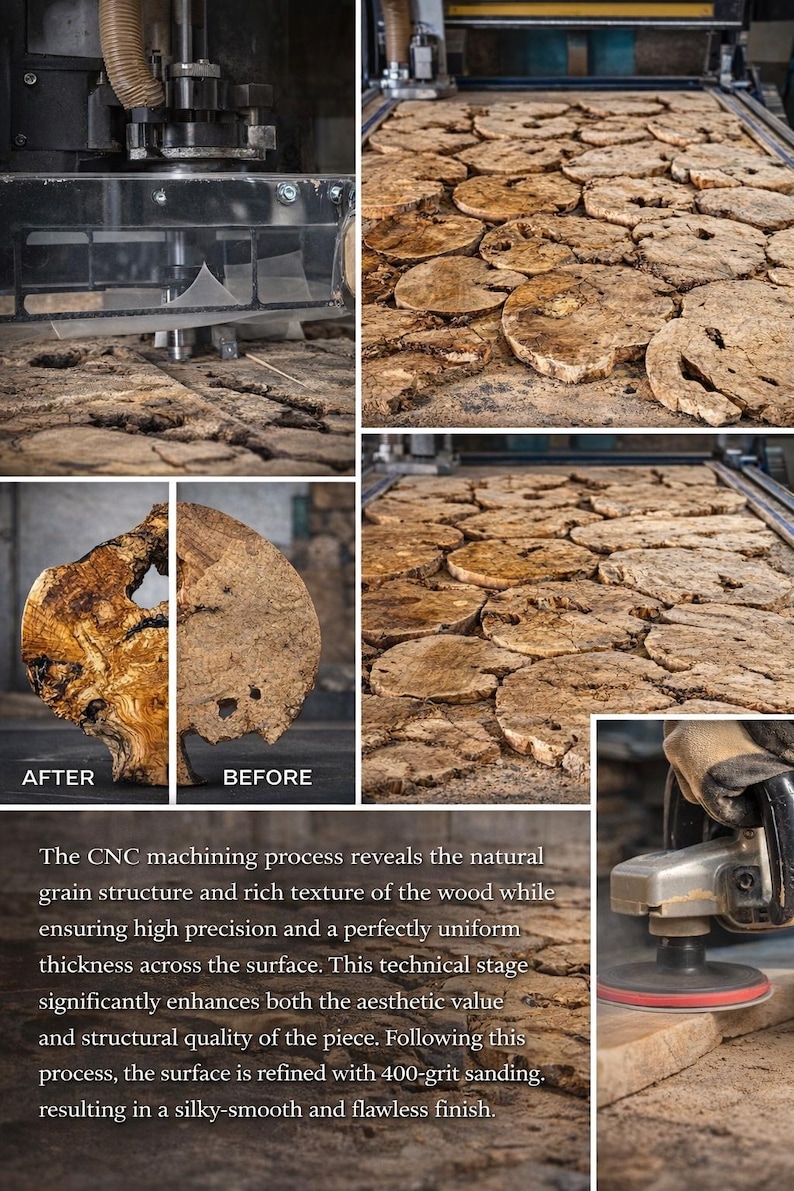 May include: A CNC machine processes natural wood slices, showing a before and after comparison of the textured surface. The image includes text describing the machining process, precision, and 400-grit sanding used to achieve a smooth finish.