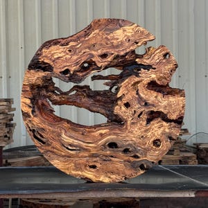May include: A circular piece of natural wood with a highly textured, swirling grain pattern in shades of brown, tan, and dark espresso. The wood features organic voids, irregular holes, and a rough, uneven edge, showcasing a raw, unrefined finish.