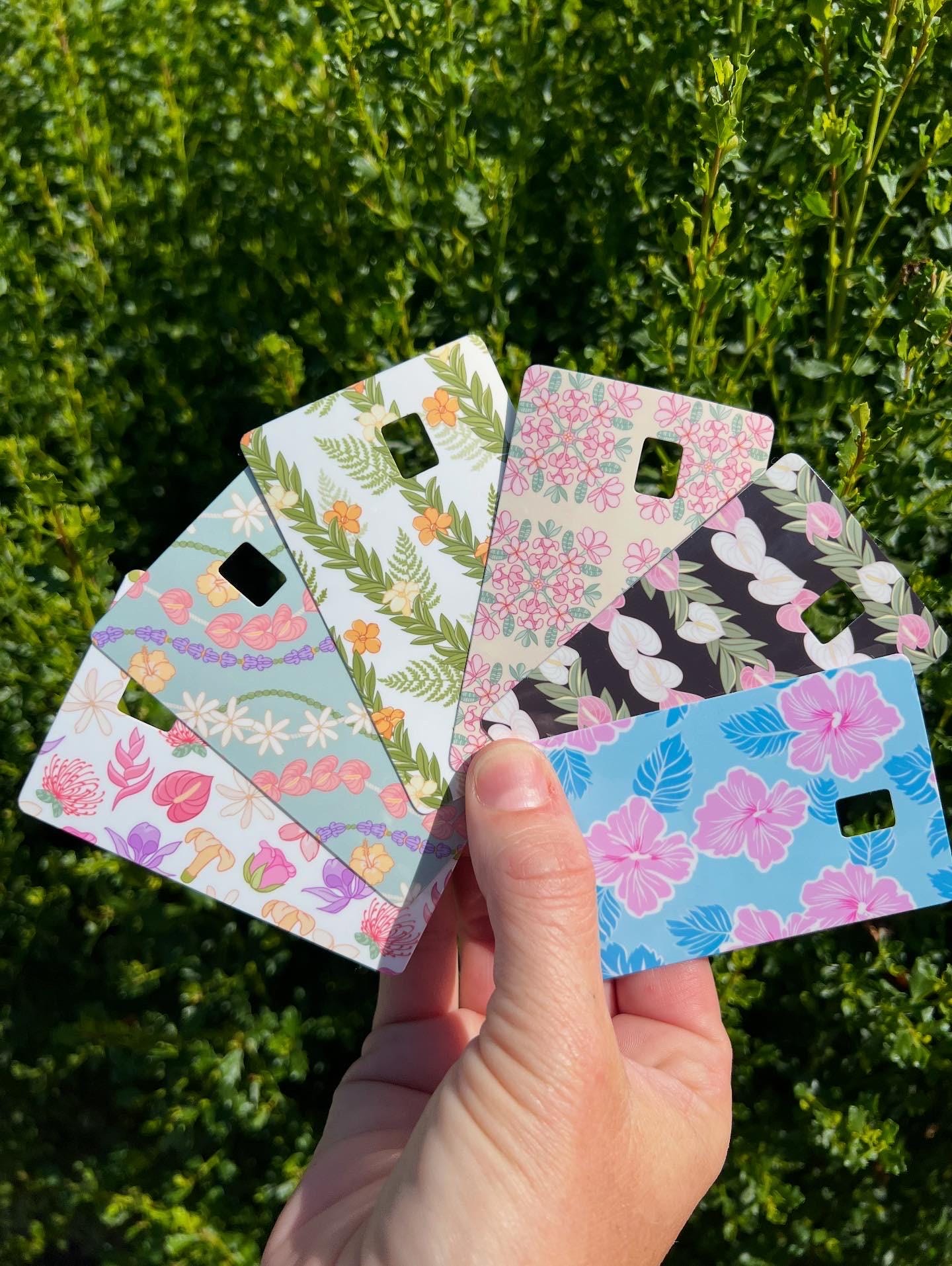 Credit Card Skins - Hawaiian Flower Themed! Part 1! Hibiscus, Puas, Flower Lei, Pukakenikeni Lei, Plumeria Quilt, and Antherium Lei