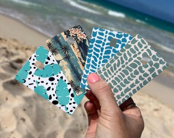 Credit Card Skins - New Patterns. Banana Leaf, Vintage Hawaii, Teal Hebrew, and Sage Hebrew