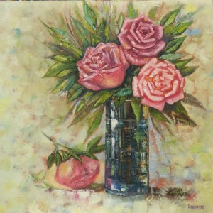 Roses in a vase, oil on canvas, art painting, approx 24x24 in 1.5in depth