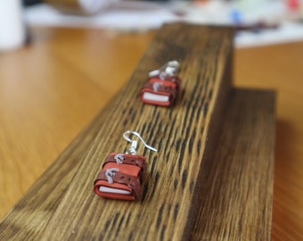 Book Journal Earrings, Polymer Clay Brown grimoire charms with buckle