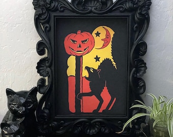 Estampa de gato preto de Halloween em estilo retrô: decoração clássica e assustadora para a temporada
