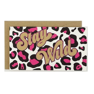Stay Wild Mini Card, Blank Inside, Fun Alternative Birthday, Valentine, Encouragement Card, Leopard Print Card,80&#39;s Pink, 2 x 3.5 inch