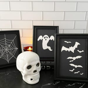 Classic Halloween Icons Print Set, Spooky Season Wall Decor, Set of 3 Halloween Prints -Ghost, Bats, Spider Web