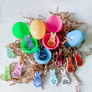 May include: A set of colorful plastic Easter eggs with bunny-shaped figures inside. Each bunny has a different phrase written on it, such as "Fire 30 min extra screen time" and "Gas Starbucks drink".