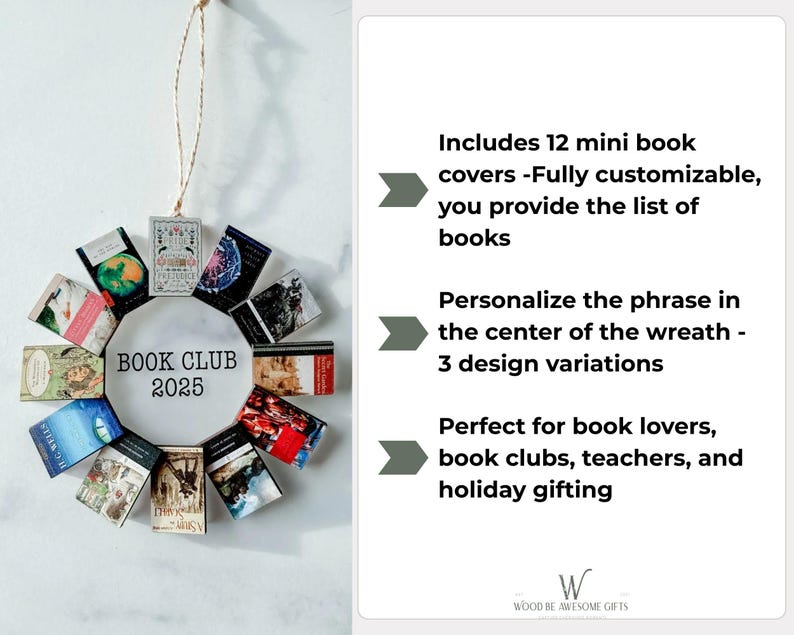 Book Club Ornament - Wreath Book Ornament - Custom Mini Book Covers image 4
