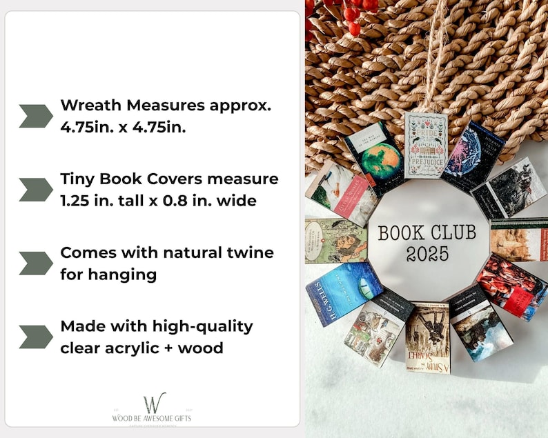 Book Club Ornament - Wreath Book Ornament - Custom Mini Book Covers image 2
