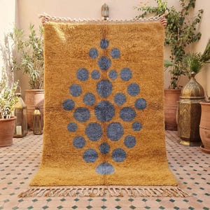 Yellow Moroccan Rug – Mustard Berber Wool Rug with Blue Dots, Handmade Abstract Moroccan Carpet, Boho Area Rug, Living Room Decor