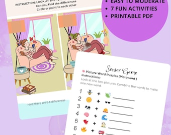 Puede incluir: Juego de rompecabezas imprimible para personas mayores. La imagen muestra un juego de "Encuentra las diferencias" y un juego de "Pictogramas". La imagen presenta ilustraciones de personas, objetos y texto. El texto incluye "Fácil de moderar", "7 actividades divertidas" y "PDF imprimible".