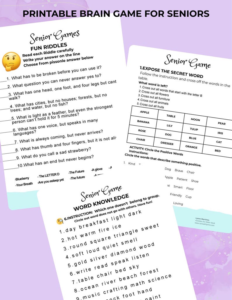 Senior Riddle Printabl Senior Brain Games Printable: Easy Cognitive Activities, Large Print ...
