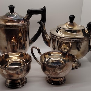 Antique Viners of Sheffield Silver Plated Coffee & Tea Urns w Cream and Sugar (4-Pce)  with Elegant Floral Detail- Made in England 1908-1920