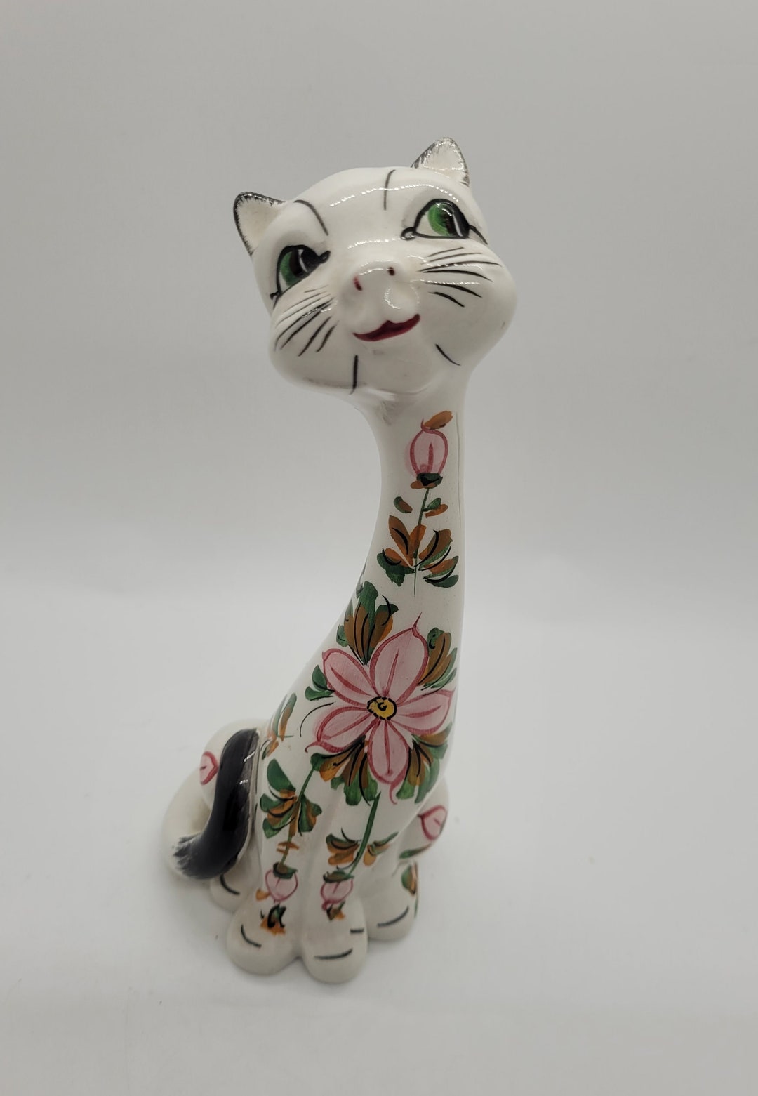 Gorgeous Vintage Mancioli Pottery Long Necked Cat Figurine With