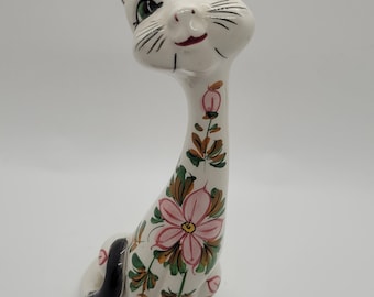 イタリア90年代ヴィンテージ手描きの瞳が美しく高貴で上品な猫ちゃんの陶器オブジェ ヴィンテージの手描き陶器の長い首の猫 - イタリア製、ミッド