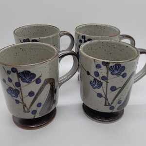 Lovely Vintage Pottery Coffee/Tea Mugs with Blue Floral Design- Set of 4