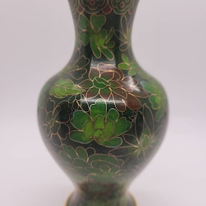 Beautiful Antique Floral Cloisonne Miniature Bud Vase in Gorgeous Deep Green and Plum Tones- 6 1/2&quot; Tall