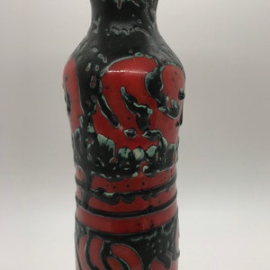 Original Mid Century Zsuri Szam Fat Lava 8 3/4" Tall Vase- Abstract Design in Black, Red and Green Glaze -Iparmuve Szeti Vallalat Hungary