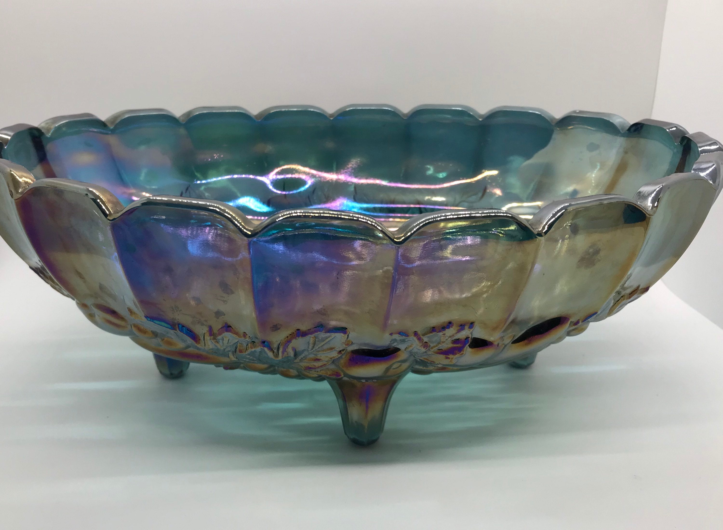 Spectacular Vintage Indiana Glass Co Opalescent  Carnival Glass Footed Bowl Dish in the Garland Pattern
