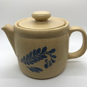 Vintage McCoy Cream Stoneware Teapot/Jug with Blue Leaf Design- Made in USA Cottage Decor