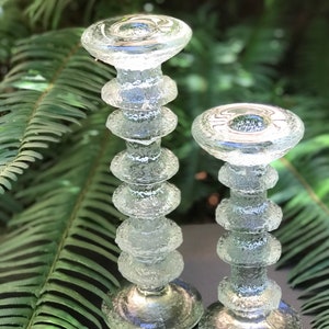 Gorgeous 1967 ittallia Glass Finland FESTIVO Ice Glass Candlesticks Pair- Signed by Designer Timo Sarpaneva