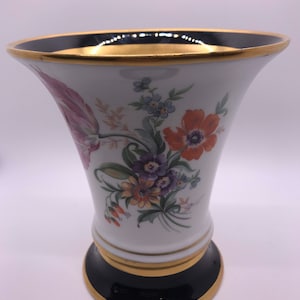 Beautiful Vintage Czechoslovakian ROYAL DUX Decorative Vase- White with Cobalt Blue and Gold Banding with Gorgeous Floral Bouquets