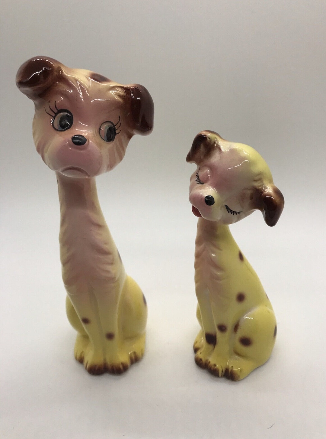 Kitsch German Rare Vintage 1950's Porcelain Kitsch Dogs- Yellow/pink W/ Brown Spots ...