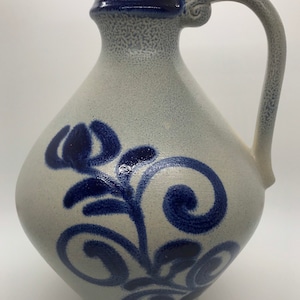 Vintage Knodgen West Germany Salt Glazed Pottery Large Jug with Beautiful Cobalt Blue Design