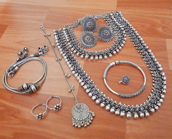 German Silver Jewellery Combo Indian Oxidised Jewellery Set Long