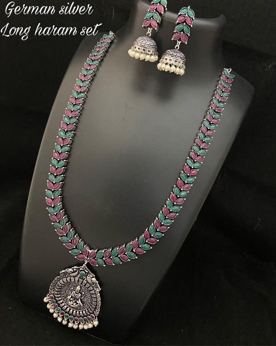 Buy Long Haram With Earring German Silver Long Necklace Set Indian Jewelry Set Woman Long Indian Necklace Set Online in India Etsy