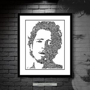 Puede incluir: Retrato enmarcado en blanco y negro de Chris Cornell. El retrato es una imagen estilizada del rostro del músico, con el cabello y los rasgos faciales compuestos de texto. El marco es negro y el texto "CHRIS CORNELL" está en la parte inferior.