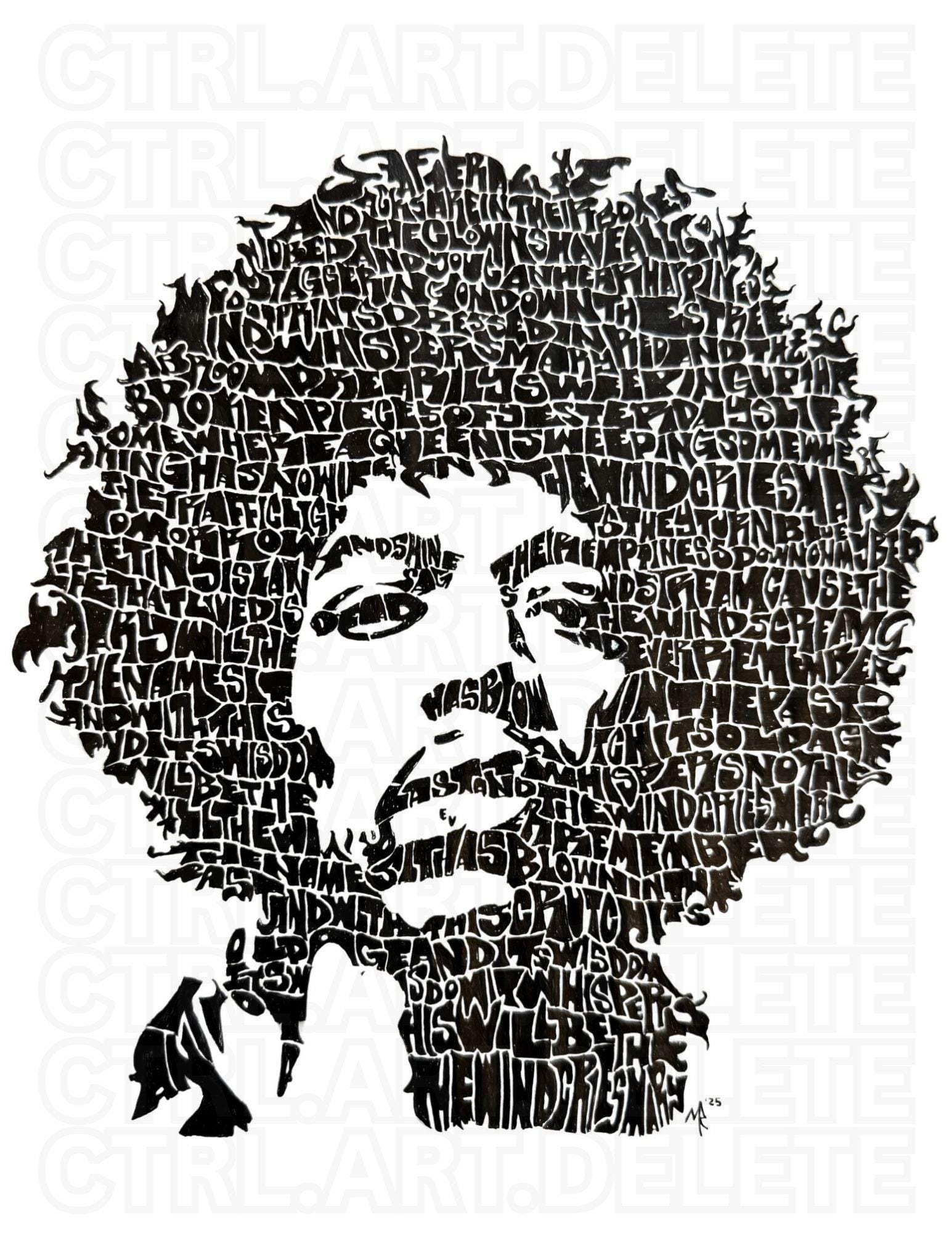 Jimi Hendrix Typography Portrait: the Wind Cries Mary Word Art