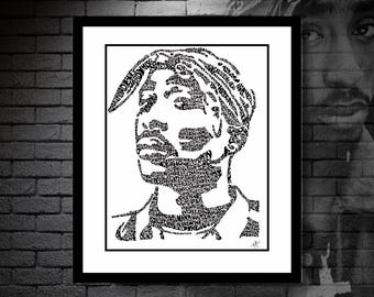 Retrato tipográfico de Tupac Shakur: leyenda del hip-hop, arte de palabras e ícono del rap, arte mural inspirador