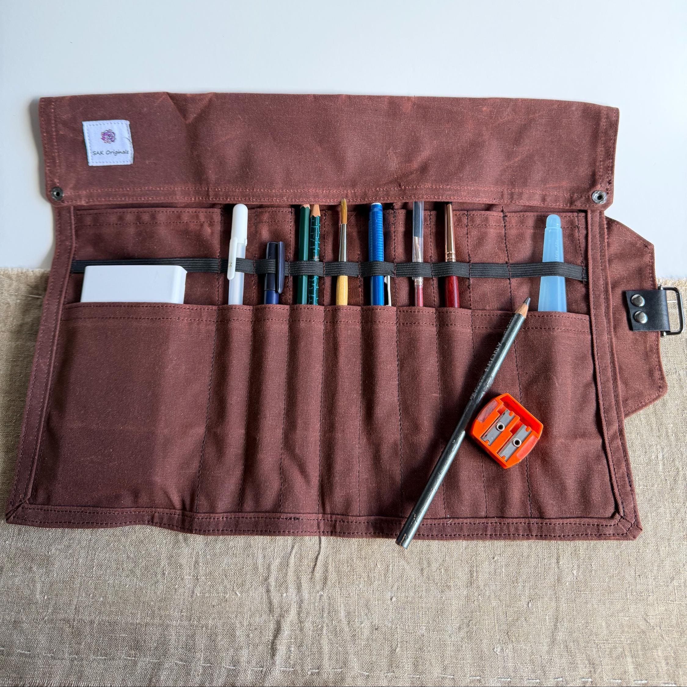 Cinnamon Waxed Canvas Paint Brush Roll, Artist Organizer, Wisconsin Handmade